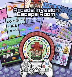 an image of a video game with the words arcade invision escape room on it