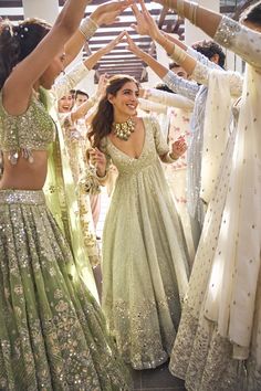 Abhinav Mishra presents NILUFER - The Summer Party of our dreams 🍾🎉 Location - @rafflesudaipur Sage Green Indian Wedding Outfit, Lime Green Lengha, Pastel Bridesmaid Dresses Indian, Indian Bridal Party Outfits, Indian Gowns Reception, Mehndi Outfits For Bridesmaid, Mendhi Outfits Indian, Unique Indian Wedding Ideas, Bridal Mehendi Outfits