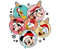 mickey mouse christmas ornament set with santa hats and other holiday ornaments in front of snowflakes