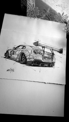 a drawing of a race car with a surfboard on top