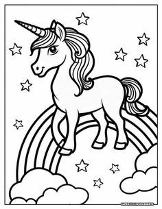 a unicorn on top of a rainbow with stars in the sky