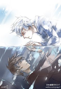 two anime characters are in the water