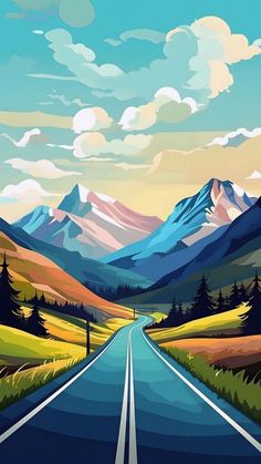 a painting of a road with mountains in the background and clouds in the sky above