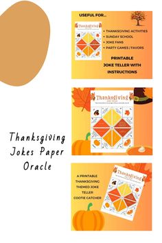 Thanksgiving-themed joke teller paper craft with instructions and illustrations. Thanksgiving Jokes, Cootie Catcher, School Jokes, Printable Game, Thanksgiving Celebration, Thanksgiving Printables, Educational Printables, Thanksgiving Activities, Classroom Fun