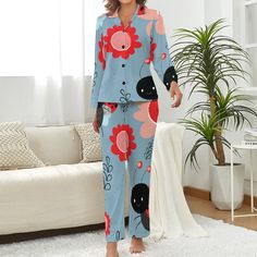 Two-Piece sleepwear pajamas featuring long sleeve top and pants for relaxed fit. This pj set with superior stitching and lapel, Breathable and comfy pajama sets for women, Perfect sleep set to add to your sleepwear lounge. Description: Color: Cute Material: 92% Polyester, 8% Spandex Pattern Type: Printed Style: Long sleeve 2 piece sets Details: Pocket, button front Sleeve Length: Long sleeve Sleeve Type: Regular Clothing Length: Regular Closure Type: Single breasted Fit Type: Loose Item Type: Pa Spring Sleepwear With Buttons And Long Sleeves, Spring Long Sleeve Sleepwear With Buttons, Long Sleeve Sleepwear With Buttons For Spring, Relaxed Fit Long Sleeve Sleepwear With Buttons, Long Sleeve Buttoned Sleepwear For Pajama Party, Blue Long-sleeve Sleepwear With Buttons, Blue Long Sleeve Sleepwear With Buttons, Long Sleeve Pajama Set With Buttons, Long Sleeve Pajama Party Set With Buttons