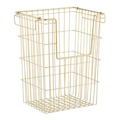 a gold wire basket with two handles on the bottom and one in the middle, against a white background