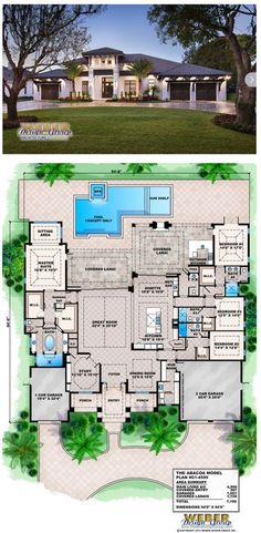 the floor plan for this luxury home is shown in two different views, and shows what it