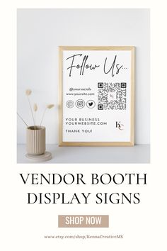 a poster with the words vendor booth display signs on it and a vase with flowers