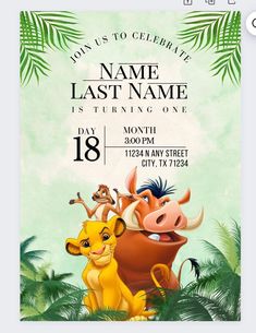 the lion king birthday party poster with an image of simp and nala from the lion