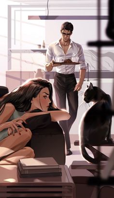 a man standing next to a woman laying on top of a bed in front of a black cat