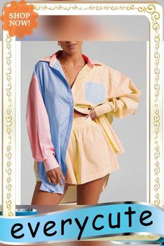 Blue Colorblock Long Sleeve Shirt with Shorts Set Multicolor Relaxed Fit Short-sleeve Tops, Cotton Shorts With Contrast Color For Summer, Summer Cotton Shorts With Contrast Color, Yellow Tops With Contrast Color For Summer, Summer Yellow Tops With Contrast Color, Yellow Summer Tops With Contrast Color, Patchwork Top For Summer Loungewear, Casual Spring Shorts With Contrast Color, Blue Color Block Shorts For Summer