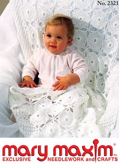 a baby sitting in a crocheted chair with the name mary maximum on it