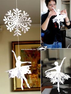 three photos of snowflakes and a ballerina ornament hanging from strings