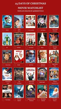 the 25 days of christmas movie watchlist is shown in red and has many movies on it