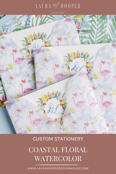 four flamingos and flowers on white paper with the words custom stationery coastal floral watercolor