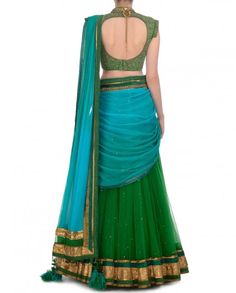 Green and blue party wear chaniya choli – Panache Haute Couture Green And Blue Party, Lehenga Saree Design, Half Saree Lehenga, Indian Lehenga Choli, Lehnga Dress, Lehenga Blouse Designs, Raw Silk Fabric, Blue Lehenga, Skirt Blouse