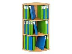 three tiered bookshelf with blue and green folders