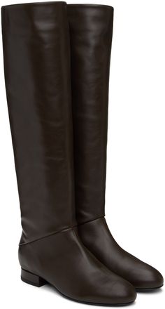 Knee-high nappa leather boots in brown. · Buffed leather lining · Covered block heel with rubber injection · Leather sole Supplier color: Tabac Brown Calf Leather Knee-high Boots With Square Toe, Brown Square Toe Calf Leather Knee-high Boots, Brown Square Toe Knee-high Calf Leather Boots, Classic Brown Calf Leather Mid-calf Boots, Classic Brown Mid-calf Calf Leather Boots, Brown Calf Leather Knee-high Boots With Leather Sole, Luxury Brown Knee-high Boots With Leather Lining, Brown Knee-high Calf Leather Heeled Boots, Luxury Brown Knee-high Boots For Business