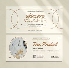 two coupons for skincare voucher are shown in gold and white, with the words free product on them