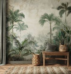 a living room with palm trees on the wall and a rug in front of it