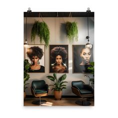 a room with three pictures on the wall and two chairs in front of them next to plants