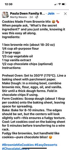 the recipe for cookies made from brownie mix is shown in an email message to someone else