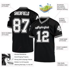 Custom Black White-Gray Mesh Authentic Throwback Football Jersey Football Jersey Shirt, St. Patricks Day, Blue Football, Uniform Shirts, Alpha Kappa Alpha, 3d Pattern, Football Design, Blue Camo, Navy And Brown