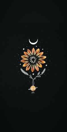 an image of a sunflower with the moon and stars above it, on a black background