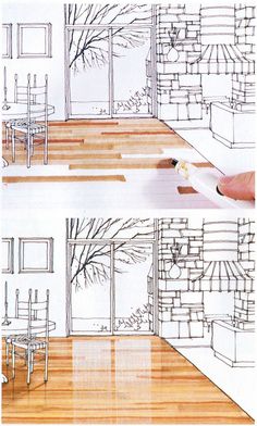 a drawing of a living room and dining room with wood flooring, windows, and chairs