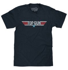 It's Time To Fly! Drama, catchy 80s soundtrack, and breathtaking aerial action? We're talking about the one and only Top Gun - the movie that had us all feeling the need... the need for speed! To help celebrate this pop culture icon, the Tee Luv team crafted this retro tee featuring the "Top Gun" star and bars logo. To complete the vintage look and feel of this movie logo shirt - we've distressed the graphic and printed it on a soft, navy blue cotton tee. 100% Cotton Machine Wash Tumble Dry Regu Pop Culture Band Logo Crew Neck Top, Band Logo Crew Neck Tops For Fans, Band Logo Crew Neck Tops, 90s Band Logo Tops For Fan Merchandise, Pop Culture Cotton Top With Band Logo, 90s Style Tops With Band Logo For Fans, Fan Apparel Tops With Graphic Design For Conventions, 90s Band Logo Crew Neck Top, 90s Band Logo Tops With Crew Neck