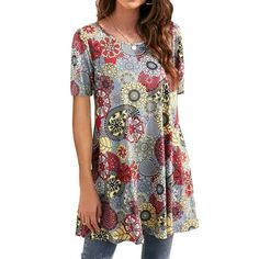 Fantaslook Plus Size Womens Tunic Tops Short Sleeve Casual Floral Shirts Swing Flare Dressy Blouses Plus size tops for women features crew neck, short sleeve, tunic tops, casual floral shirts, dressy tops to wear with leggings, loose fit style. Crafted to flatter and accentuate curves, short sleeve floral shirts for women offer a delightful swing flare that exudes a sophisticated vibe. Plus size womens clothes, longer flowy and irregular handkerchief hemline perfectly hide your littler belly and Womens Tunic Tops, Tops To Wear With Leggings, Floral Shirts, Loose Fit Blouse, Fitted Tunic, Wear With Leggings, Tunic Tops Casual, Dressy Blouse, Elegante Casual