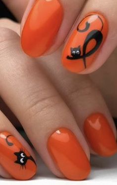 How To Make A Pumpkin Nail Art, Pumpkin Face Nail Art, Halloween Black Cat Nails, Manicure Halloween, Pumpkin Nail, Pumpkin Nail Art, Fingernail Art, Cat Nail Art, Halloween Acrylic Nails