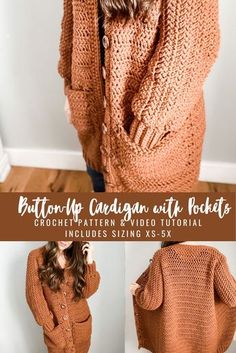 the crochet sweater with pockets is shown in three different pictures and has text that reads