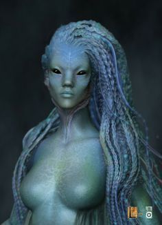 an alien woman with long hair and blue skin