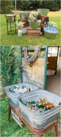 an old table is turned into a planter with glass bottles and other things in it