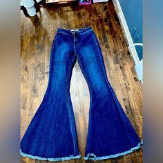 Worn Once For A Bachelorette Party. Great Shape Practically Brand New. Embroidered Bell Bottoms, Fall Festival Denim Flare Jeans, Blue Flare Jeans For Festival, Blue Flare Jeans For Summer Festival, Party Denim Blue Bottoms For Fall, Trendy Dark Wash Jeans For Festival, Fitted Blue Flare Jeans With Frayed Hem, Festival Stretch Denim Jeans, Summer Denim Flare Jeans For Night Out