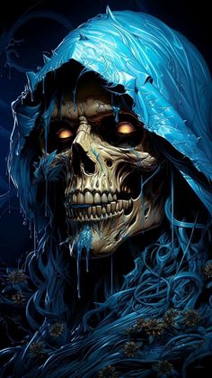 a painting of a skeleton wearing a blue hoodie