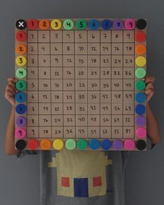 a young boy holding up a board with numbers on it