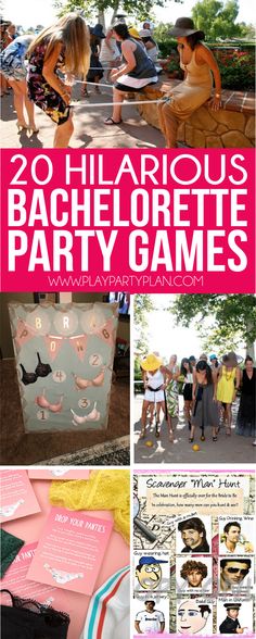 some people are standing around and having fun in the park with text overlay that reads 20 hilarious bachelor party games