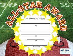 an award certificate with a football on the field in the background and stars around it