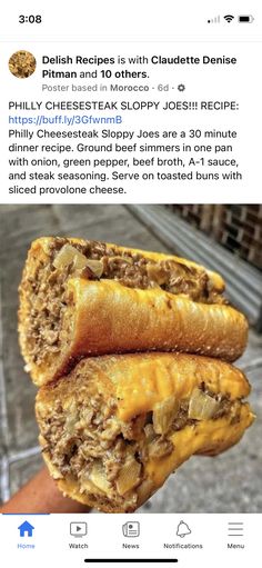 two cheesesteak sloppy joes are stacked on top of each other in front of an instagram