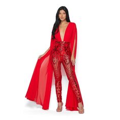 This Gorgeous Bright Red Jumpsuit Has A Skinny Pant Lower Half And A Deep V-Neck Plunging Neckline. The Bold And Kimono Style Sleeves Are Divine. This Jumpsuit Is Both Very Provocative And Super Chic. The Sequin Details Elevate The Look And Make This Sexy Jumpsuit Great For Go-To Evening Wear. Details Deep V-Neckline High Waist Pant Style All-Over Sequin Pant Content & Care 95% Polyester, 5% Spandex Hand Wash Cold Made In China Size & Fit Model Is 5’7” Wearing A Size Medium Turquoise Jumpsuit, Gold Sequin Romper, Silver Jumpsuits, Gold Jumpsuit, Sequin Pant, Nola Wedding, Sequin Rompers, Sequin Jumpsuit, Pink Rompers