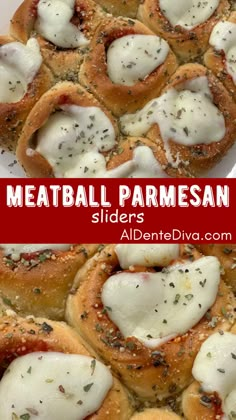 meatball parmesan sliders with melted cheese and herbs on top are shown