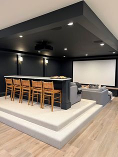 an empty room with chairs, couches and a projector screen in the center