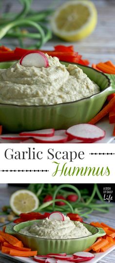 this garlic scape hummus is an easy appetizer that's ready in less than 30 minutes