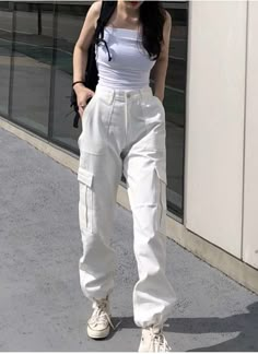 Patchwork Cargo Pants, Celana Jogger Wanita, Celana Fashion, White Cargo Pants, High Waist Trousers, Cargo Pants Outfit, Women Streetwear, Pants Cargo