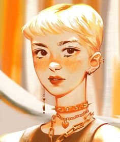 a digital painting of a woman with short blonde hair and necklaces on her neck