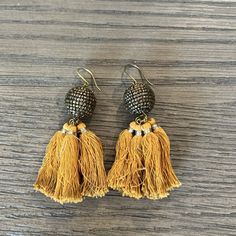 New Authentic Chan Luu Antique Gold & Gold Beaded Disco Ball & Tassel Earrings Check Photos For All Exact Measurements. All Chan Luu Items Are Guaranteed 100% Authentic!! Traditional Gold Beaded Tassel Earrings, Traditional Gold Beaded Earrings With Tassels, Gold Tassel Earrings For Beach, Beach Gold Tassel Earrings, Traditional Adjustable Beaded Tassel Earrings, Traditional Beaded Tassel Earrings, Yellow Tassel Earrings For Festival, Gold Tassel Earrings For Festivals, Orange Tassel Earrings