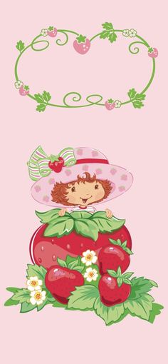 a pink background with strawberrys and a girl in a hat on top of it