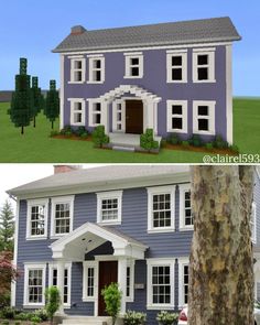 two different views of a blue house with white trim on the windows, and an image of a tree in front of it